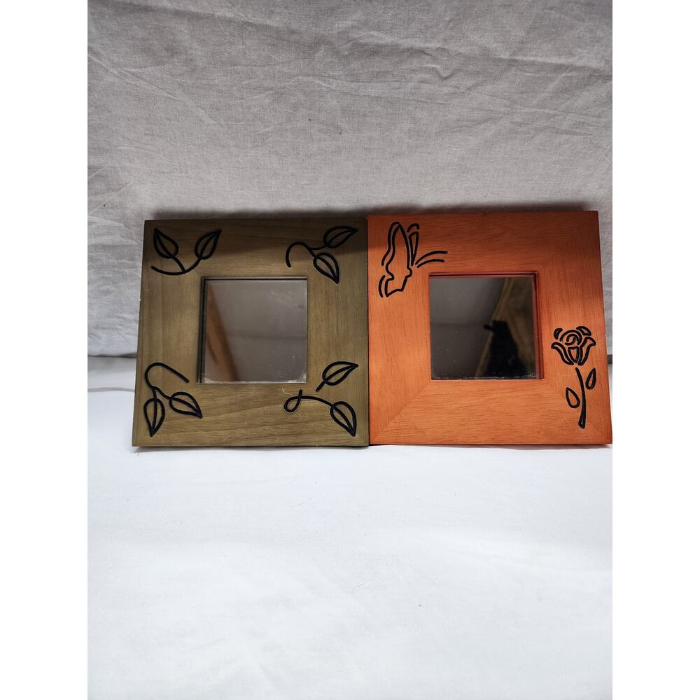 2 small engraved wood framed mirrors b45